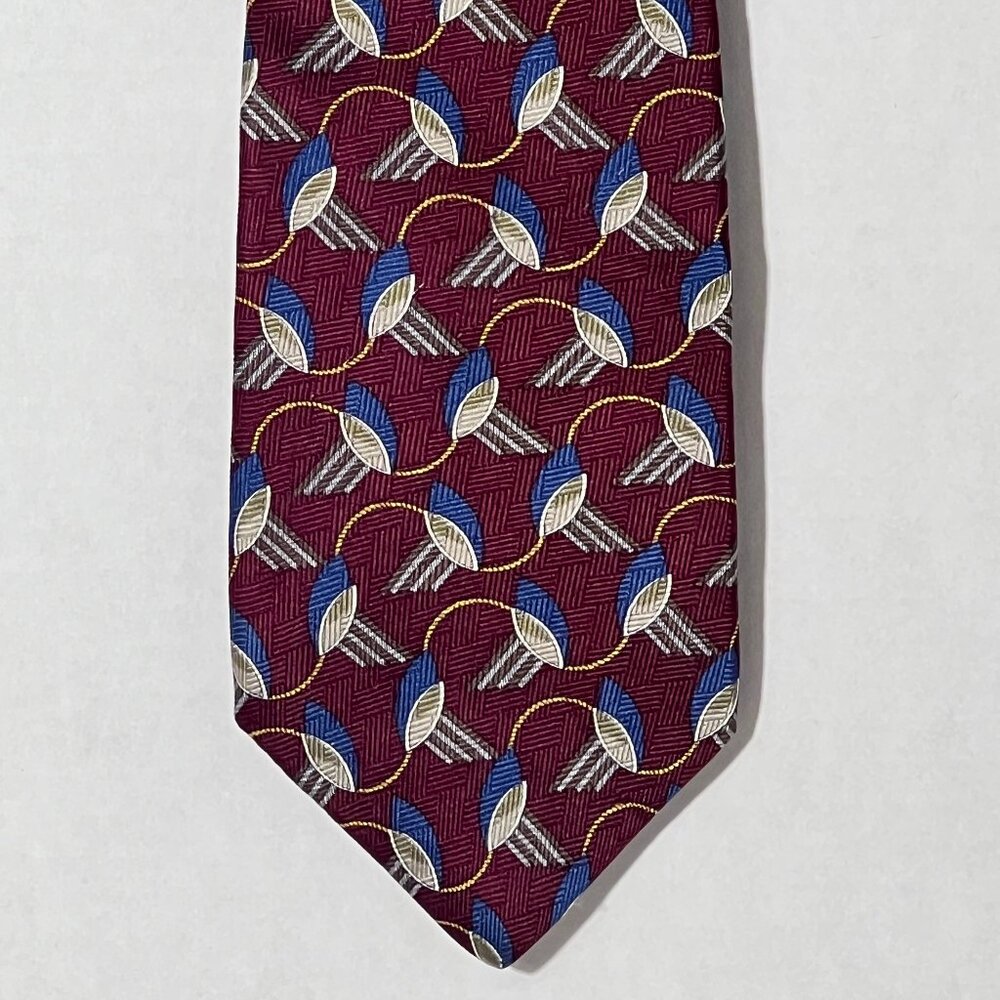 Andhurst Silk Geometric Tie Maroon Blue Gold 3 7/8" x 64 1/2"